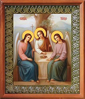 Образы Спасителя и Троицы на холсте в деревянной рамке, инкрус. басмой
