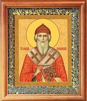 Икона Спиридона епископа Тримифунтского в киоте | Размер 13х16 см | 40200-8 (09С3)