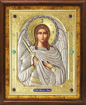 Икона Ангела Хранителя в посеребренной ризе (окладе) в дубовом киоте, Р-212.7К