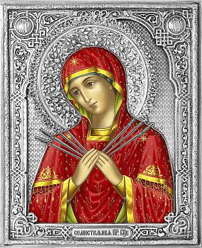 Икона Божией Матери "Семистрельная" в посеребренной ризе (окладе), Р-132