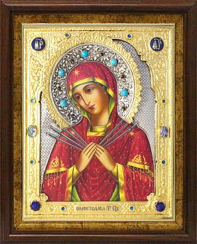 Икона Божией Матери "Семистрельная" в посеребренной ризе (окладе) с золочением, Р-132.7К