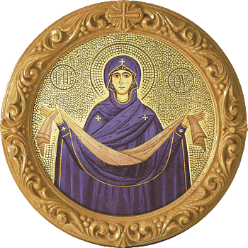Икона Божией Матери "Покров Богородицы" в басменном окладе в резной круглой рамке, Р-221