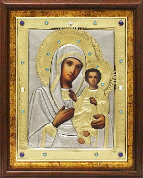 Икона Божией Матери "Иверская" в посеребренной ризе (окладе) в дубовом киоте, Р-224.7К