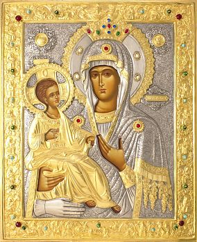 Икона Божией Матери "Троеручица" в посеребренной ризе (окладе) с золочением, Р-240.7