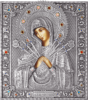 Икона Божией Матери "Семистрельная" в посеребренной ризе (окладе), Р-63.2