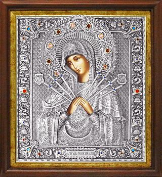 Икона Божией Матери "Семистрельная" в посеребренной ризе (окладе) в басменном киоте, Р-63.2К