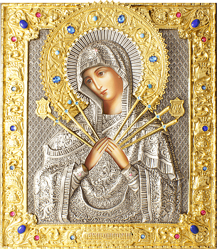 Икона Божией Матери "Семистрельная" в посеребренной ризе (окладе) с золочением, Р-63.7