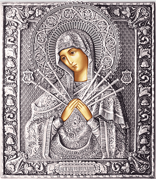Икона Божией Матери "Семистрельная" в посеребренной ризе (окладе), Р-63