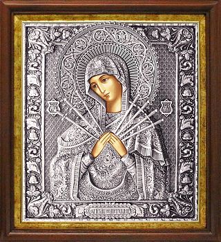 Икона Божией Матери "Семистрельная" в посеребренной ризе (окладе) в басменном киоте, Р-63К