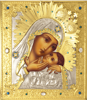 Икона Божией Матери "Корсунская" в посеребренной ризе (окладе) - позолоченная рамка, Р-94.7 (2)