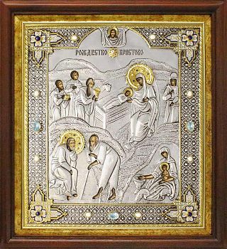 Икона "Рождество Христово" в посеребренной ризе (окладе) в басменном киоте с золочением, Р-19.7К