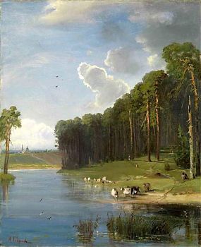 Алексей Кондратьевич Саврасов - Сосновый бор на берегу реки, пейзаж - 170089