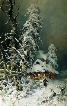 Юлий Юльевич Клевер - Зимний пейзаж с избушкой, пейзаж - 170104