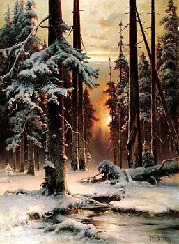 Юлий Юльевич Клевер - Зимний закат в еловом лесу, пейзаж - 170105