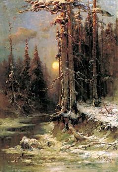 Юлий Юльевич Клевер - Закат солнца зимой, пейзаж - 170110
