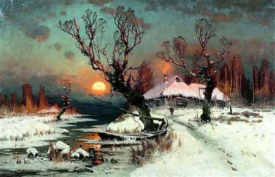 Юлий Юльевич Клевер - Закат солнца зимой, пейзаж - 170114