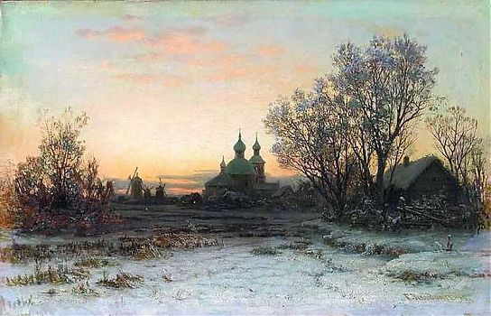 Гавриил Павлович Кондратенко - Зимний пейзаж с церковью, пейзаж - 170121