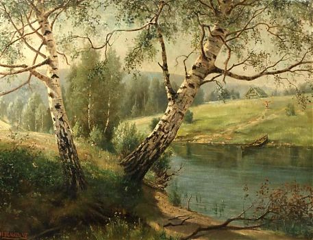Иван Августович Вельц - Березы на берегу реки, пейзаж - 170138