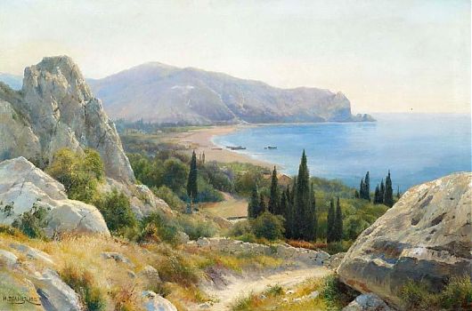 Иван Августович Вельц - Летний пейзаж с прибрежными скалами, пейзаж - 170141