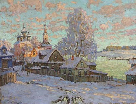 Константин Иванович Горбатов - Деревня под снегом солнечным днем, пейзаж - 170176