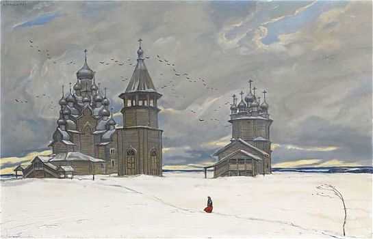 Илья Сергеевич Глазунов - Женщина на пути в церковь, пейзаж - 170196