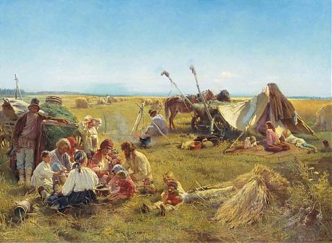 Константин Егорович Маковский - Крестьянский обед в поле, пейзаж - 170203