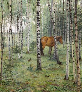 Николай Петрович Богданов-Бельский - Лошадь в березовой роще, пейзаж - 170212
