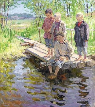 Николай Петрович Богданов-Бельский - Мальчики на рыбалке, пейзаж - 170213