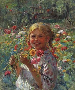 Федот Васильевич Сычков - Девочка, собирающая полевые цветы, жанровый пейзаж - 170230