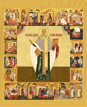 Икона с житием святителя Николая Мирликийского, чудотворца с золочением поталью, 06007-УЛ