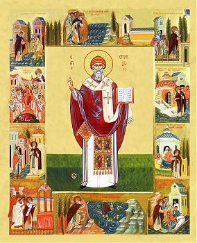 Икона с житием святителя Спиридона Тримифунтского, чудотворца с золочением поталью, 06015-УЛ
