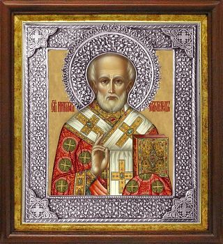 Николай, свт. Мирликийский, чудотв., в посеребренной ризе (окладе) в дубовом басменном киоте, Р-15К