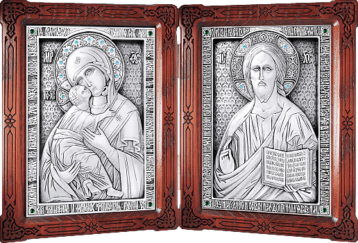 Купить православную икону - Венчальный складень - Спаситель, Владимирская икона Божией Матери, А89-2