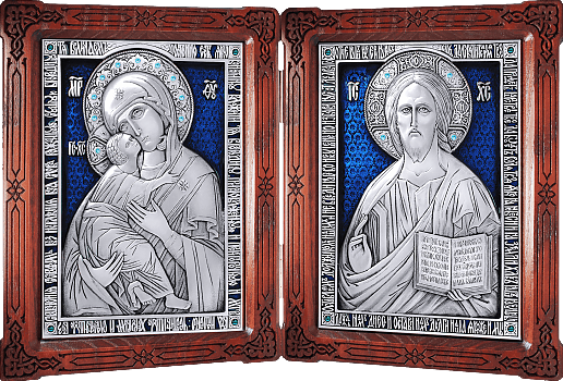 Купить православную икону - Венчальный складень - Спаситель, Владимирская икона Божией Матери, А89-3