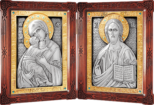 Купить православную икону - Венчальный складень - Спаситель, Владимирская икона Божией Матери, А89-6