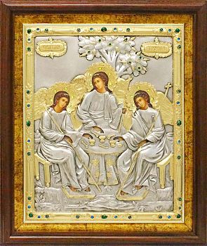 Икона "Святая Троица" в посеребренной ризе (окладе) в басменном киоте с золочением, Р-36.7К