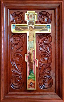 Православный Крест "Выносной" рукописный на деревянном резном основании