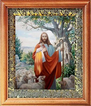 Икона Спасителя Добрый Пастырь в киоте | Размер 13х16 см | 40200-8 (02С10)